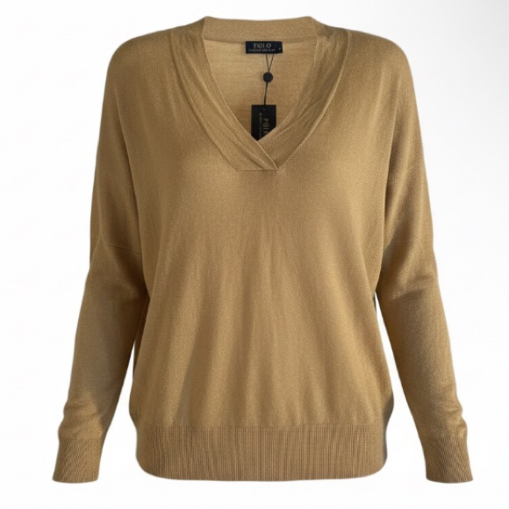 POLO RALPH LAUREN Linen V-Neck Sweater Tan Beige Knit Top Size M Preppy Coastal
